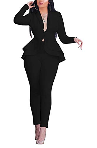 2 Piece Outfits for Women Long Sleeve Peplum Tops Shirt with Pants Casual Elegant Business Suit Sets - Image 2
