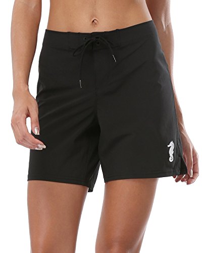 ALove Women Stretch Board Shorts Long Swim Shorts Trunks Boyleg Swim Bottom Medium Black - Image 2