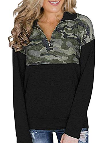 Aleumdr Women Casual Long Sleeve 1/4 Zipper Color Block Sweatshirts Stand Collar Pullover Tunic Tops with Pockets S-XXL