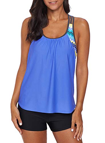 Aleumdr Womens Blouson Striped Printed Strappy T-Back Push up Tankini Top with Shorts - Image 4