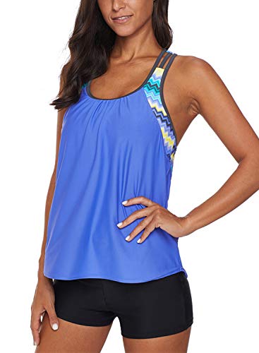Aleumdr Womens Blouson Striped Printed Strappy T-Back Push up Tankini Top with Shorts - Image 5