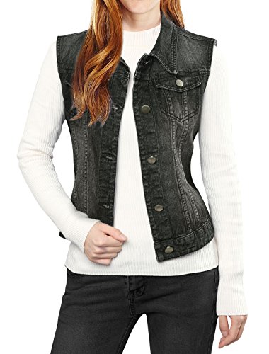 Allegra K Women's Buttoned Washed Denim Vest Jacket W Chest Flap Pockets - Image 3