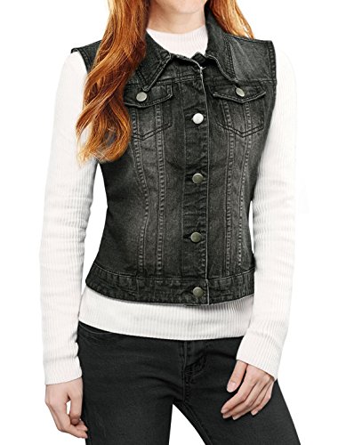 Allegra K Women's Buttoned Washed Denim Vest Jacket W Chest Flap Pockets