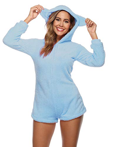 Amiliashp Womens Cute Sherpa Romper Fleece Onesie Pajama One Piece Zipper Short Hooded Jumpsuit Sleepwear Playsuit - Image 3