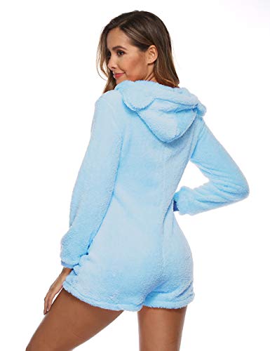 Amiliashp Womens Cute Sherpa Romper Fleece Onesie Pajama One Piece Zipper Short Hooded Jumpsuit Sleepwear Playsuit - Image 4