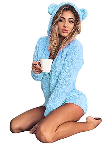 Amiliashp Womens Cute Sherpa Romper Fleece Onesie Pajama One Piece Zipper Short Hooded Jumpsuit Sleepwear Playsuit