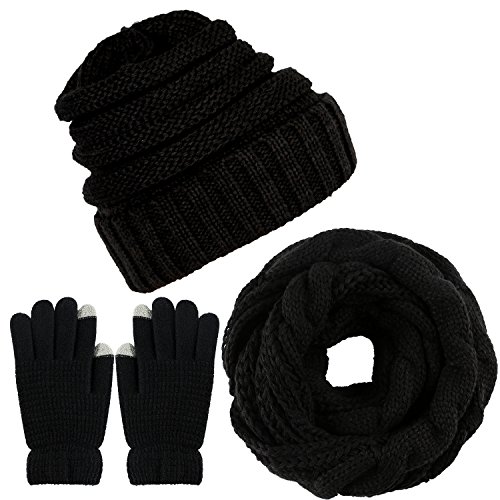 Aneco Winter Warm Knitted Scarf Beanie Hat and Gloves Set Men & Women's Soft Stretch Hat Scarf and Mitten Set