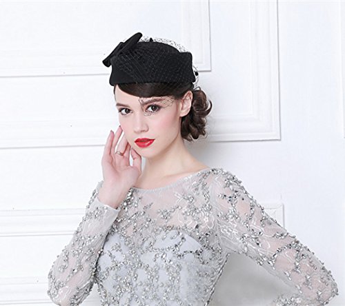Aniwon Pillbox Hat, Wedding Hat Caps with Veil Vintage Bow Fascinator Hats Caps for Women A Black - Image 4