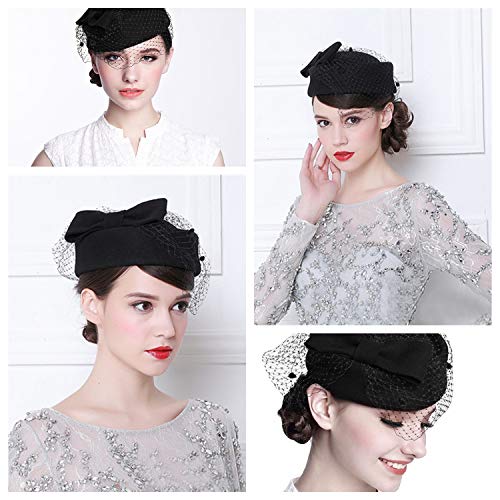 Aniwon Pillbox Hat, Wedding Hat Caps with Veil Vintage Bow Fascinator Hats Caps for Women A Black - Image 8