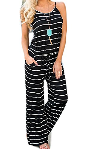 Artfish Women Casual Sleeveless Spaghetti Strap Striped Lounge Pajama Jumpsuit