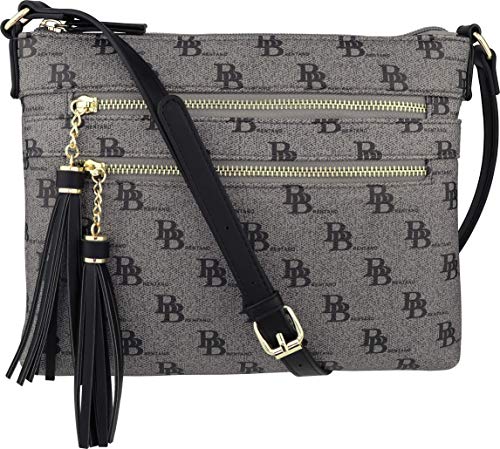 B BRENTANO Vegan Multi-Zipper Crossbody Handbag Purse with Tassel Accents