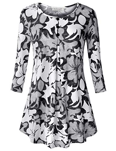 BAISHENGGT Women's Round Neck 3/4 Sleeve Buttons Floral Tunic Tops