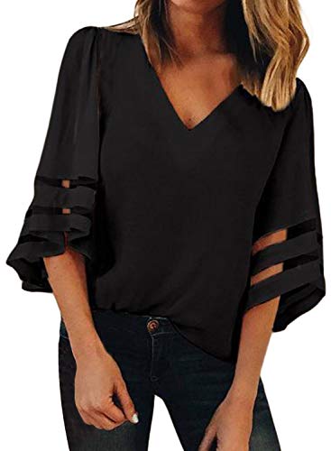 BLENCOT Womens 3/4 Bell Sleeve V Neck Lace Patchwork Blouse Casual Loose Shirt Tops