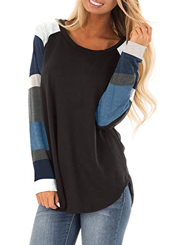 BLENCOT Women Lightweight Blouse Color Block Long Sleeve Loose Fit Tunics Shirts Tops