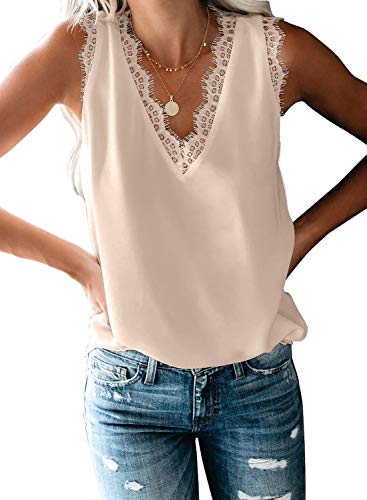 BLENCOT Women's V Neck Lace Trim Tank Tops Casual Loose Sleeveless Blouse Shirts