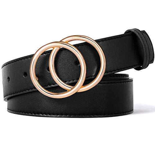 BROMEN Belt for Women Leather Belts for Dress Jeans Pants Waist Belt with Double O-Ring Buckle Black