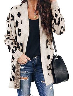 Asskdan Womens Long Sleeve Open Front Button Down Leopard Cardigan Knitted Sweater Coat with Pockets