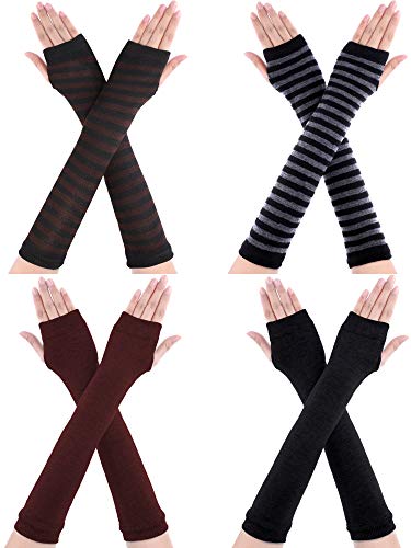 Bememo 4 Pairs Punk Gothic Long Fingerless Gloves Knitted Arm Warmer Elbow Length Gloves Thumb Hole Gloves