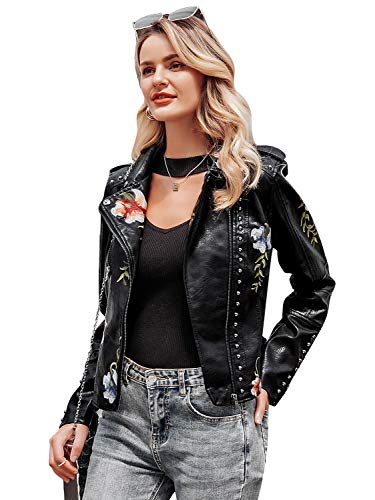 BerryGo Women's Floral Embroidered Faux Leather Moto Jacket Coat Black,S - Image 3