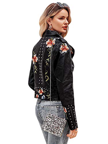 BerryGo Women's Floral Embroidered Faux Leather Moto Jacket Coat Black,S - Image 4