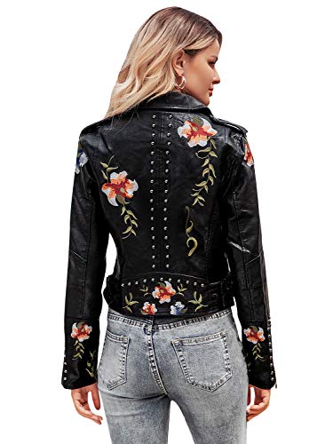 BerryGo Women's Floral Embroidered Faux Leather Moto Jacket Coat Black,S - Image 5