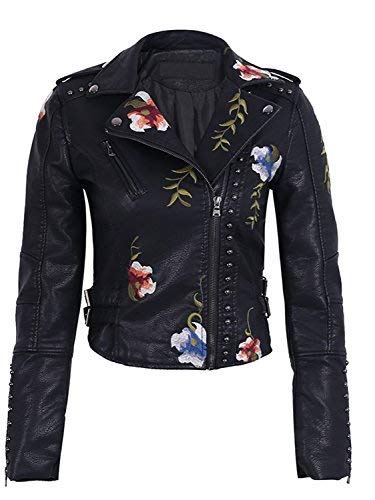 BerryGo Women's Floral Embroidered Faux Leather Moto Jacket Coat Black,S - Image 6