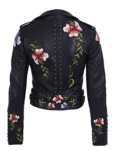 BerryGo Women's Floral Embroidered Faux Leather Moto Jacket Coat Black,S - Image 7