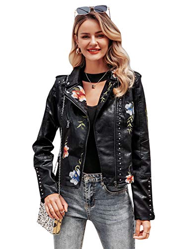 BerryGo Women's Floral Embroidered Faux Leather Moto Jacket Coat Black,S