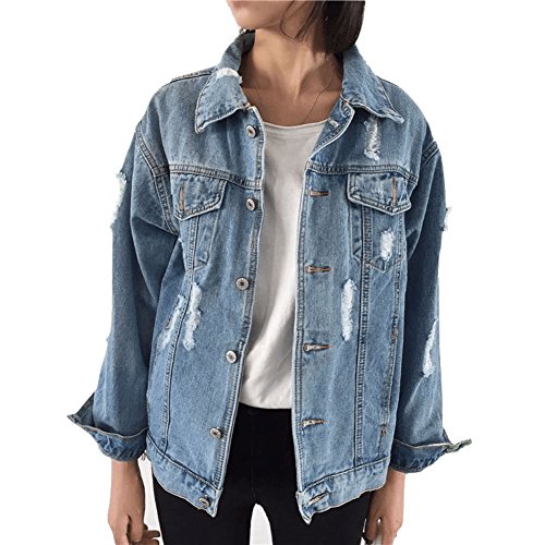 Beskie Oversized Denim Jacket for Women Destoryed Long Sleeve Boyfriend Jean Jacket Loose Coat