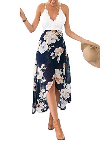 Blooming Jelly Women's Deep V Neck Sleeveless Summer Asymmetrical Floral Maxi Dress