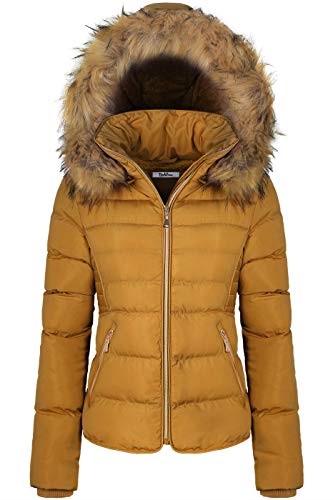 BodiLove Women's Belted Down Puffer Jacket with Faux Fur Trim Hood