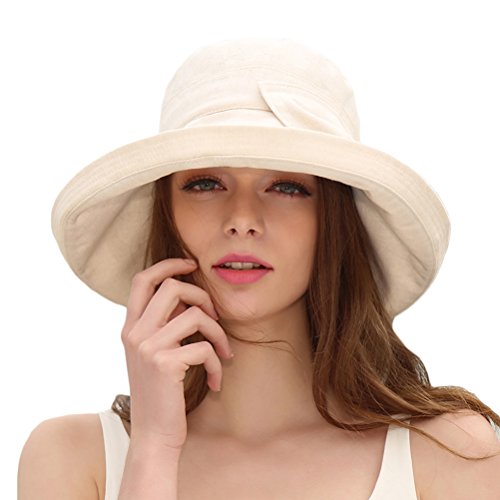 CACUSS Women's UPF 50+ Foldable Linen Hat Big Brim with Big Bowknot