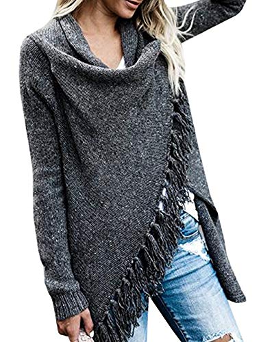 CEASIKERY Women's Tassel Hem Sweater Long Cardigan Knitwer Pullover Poncho Coat - Image 4