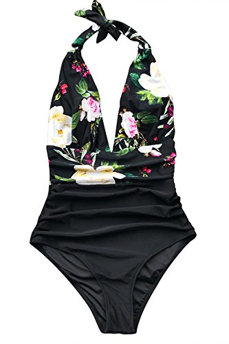 CUPSHE Women's One Piece Swimsuit Halter Plunge Neck Ruched Tummy Control Bathing Suits