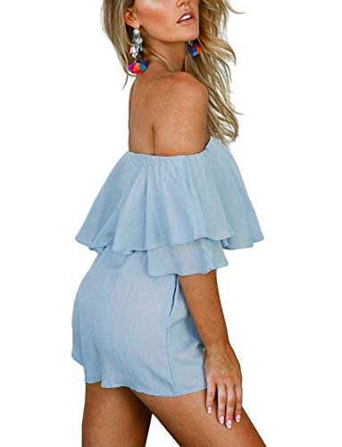 Chunoy Women Summer Short Sleeve Playsuit Off Shoulder Romper with Waistband Baby Blue Large - Image 3