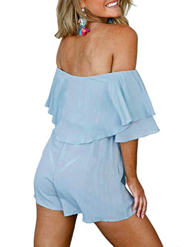 Chunoy Women Summer Short Sleeve Playsuit Off Shoulder Romper with Waistband Baby Blue Large - Image 5