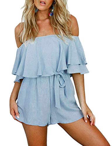 Chunoy Women Summer Short Sleeve Playsuit Off Shoulder Romper with Waistband Baby Blue Large