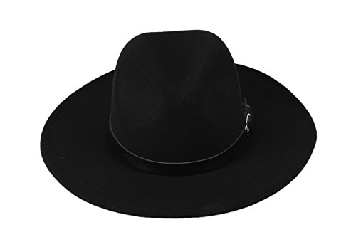 Dantiya Women'/s Wide Brim Wool Fedora Panama Hat with Belt Black, One Size - Image 3