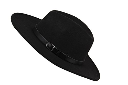 Dantiya Women'/s Wide Brim Wool Fedora Panama Hat with Belt Black, One Size - Image 4