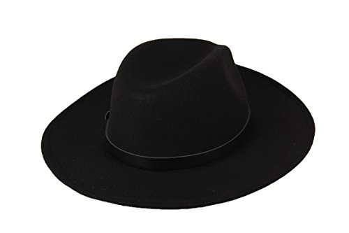 Dantiya Women'/s Wide Brim Wool Fedora Panama Hat with Belt Black, One Size - Image 5