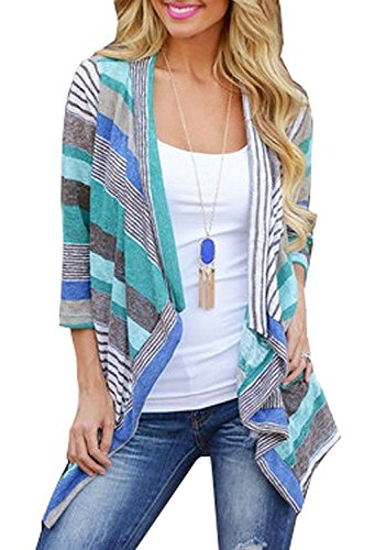 DEARCASE Women's 3/4 Sleeve Cardigans Striped Printed Open Front Draped Kimono Loose Cardigan