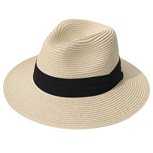 DRESHOW Women Straw Panama Hat Fedora Beach Sun Hat Wide Brim Straw Roll up Hat UPF 50+ - Image 3