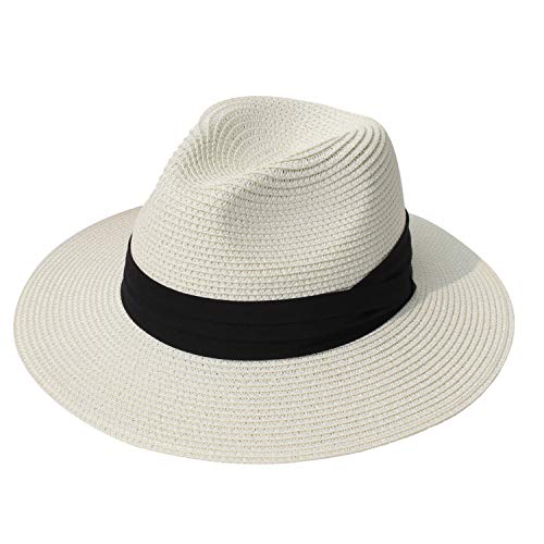 DRESHOW Women Straw Panama Hat Fedora Beach Sun Hat Wide Brim Straw Roll up Hat UPF 50+ - Image 4