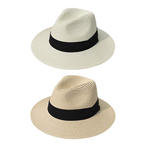 DRESHOW Women Straw Panama Hat Fedora Beach Sun Hat Wide Brim Straw Roll up Hat UPF 50+