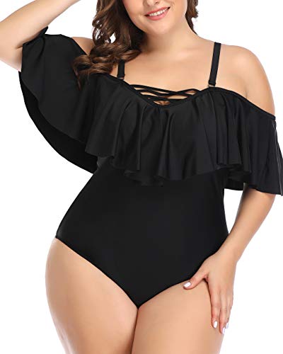 Daci Plus Size One Piece Swimsuits for Women Off Shoulder Ruffle Bathing Suits Flounce Tummy Control Swimwear - Image 3
