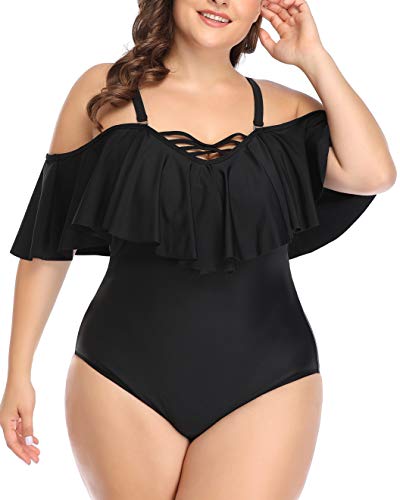 Daci Plus Size One Piece Swimsuits for Women Off Shoulder Ruffle Bathing Suits Flounce Tummy Control Swimwear - Image 4