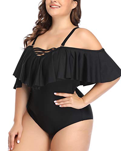 Daci Plus Size One Piece Swimsuits for Women Off Shoulder Ruffle Bathing Suits Flounce Tummy Control Swimwear - Image 5