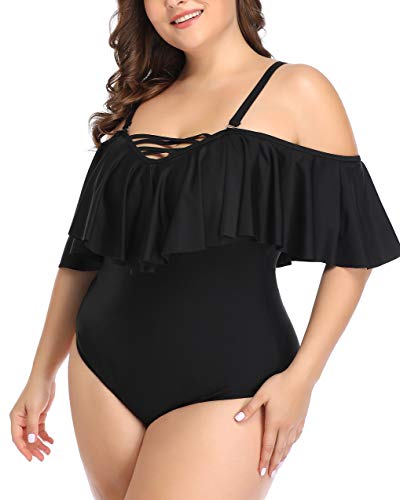 Daci Plus Size One Piece Swimsuits for Women Off Shoulder Ruffle Bathing Suits Flounce Tummy Control Swimwear - Image 6