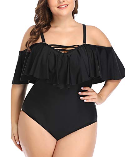Daci Plus Size One Piece Swimsuits for Women Off Shoulder Ruffle Bathing Suits Flounce Tummy Control Swimwear