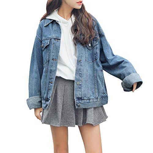 Dasior Women's Denim Jacket Long Blue Jean Jackets Button Down Casual Boyfriend Oversized Loose Coat
